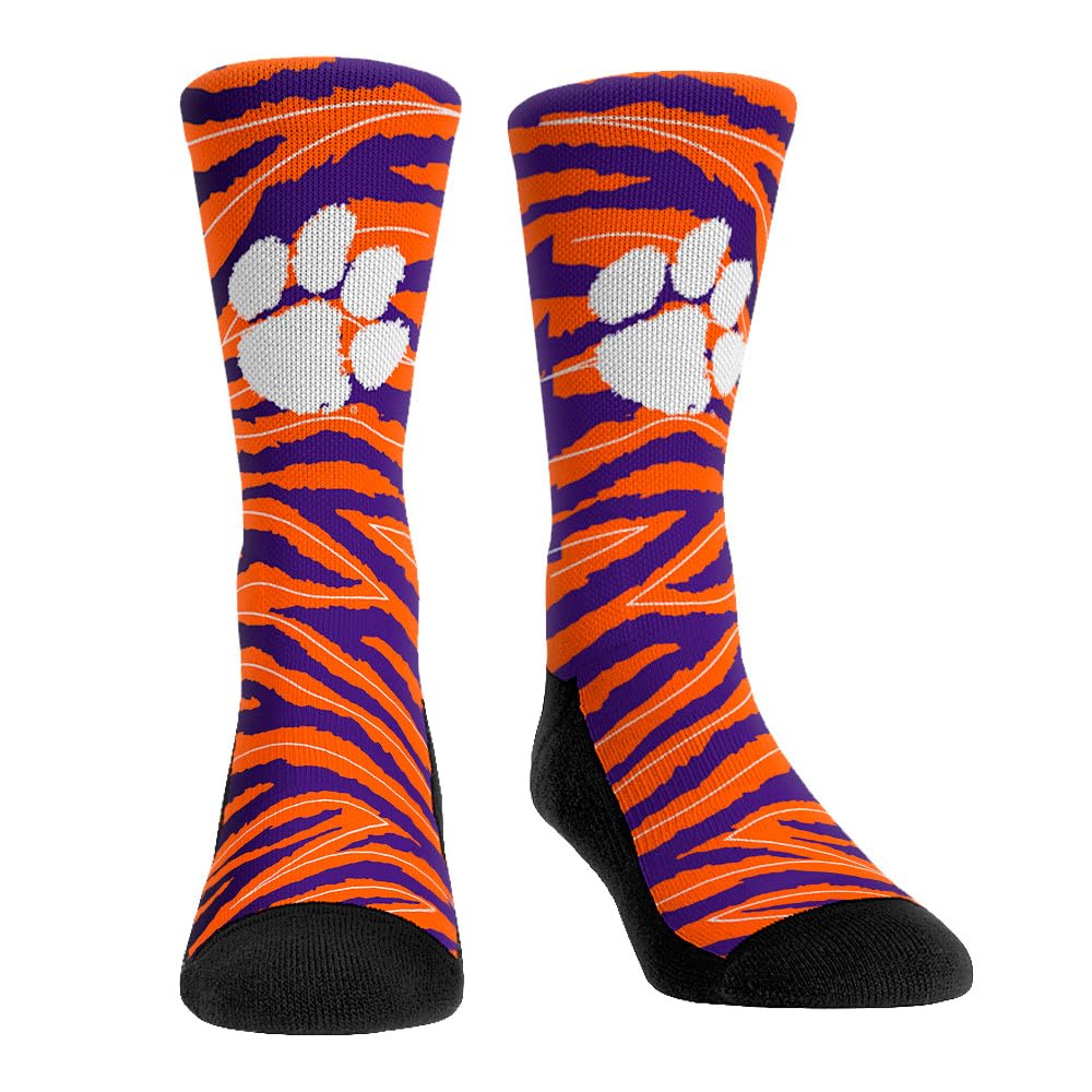 Clemson Orange and Purple Tiger Stripes Crew Socks with White Paw Logo (L-XL)