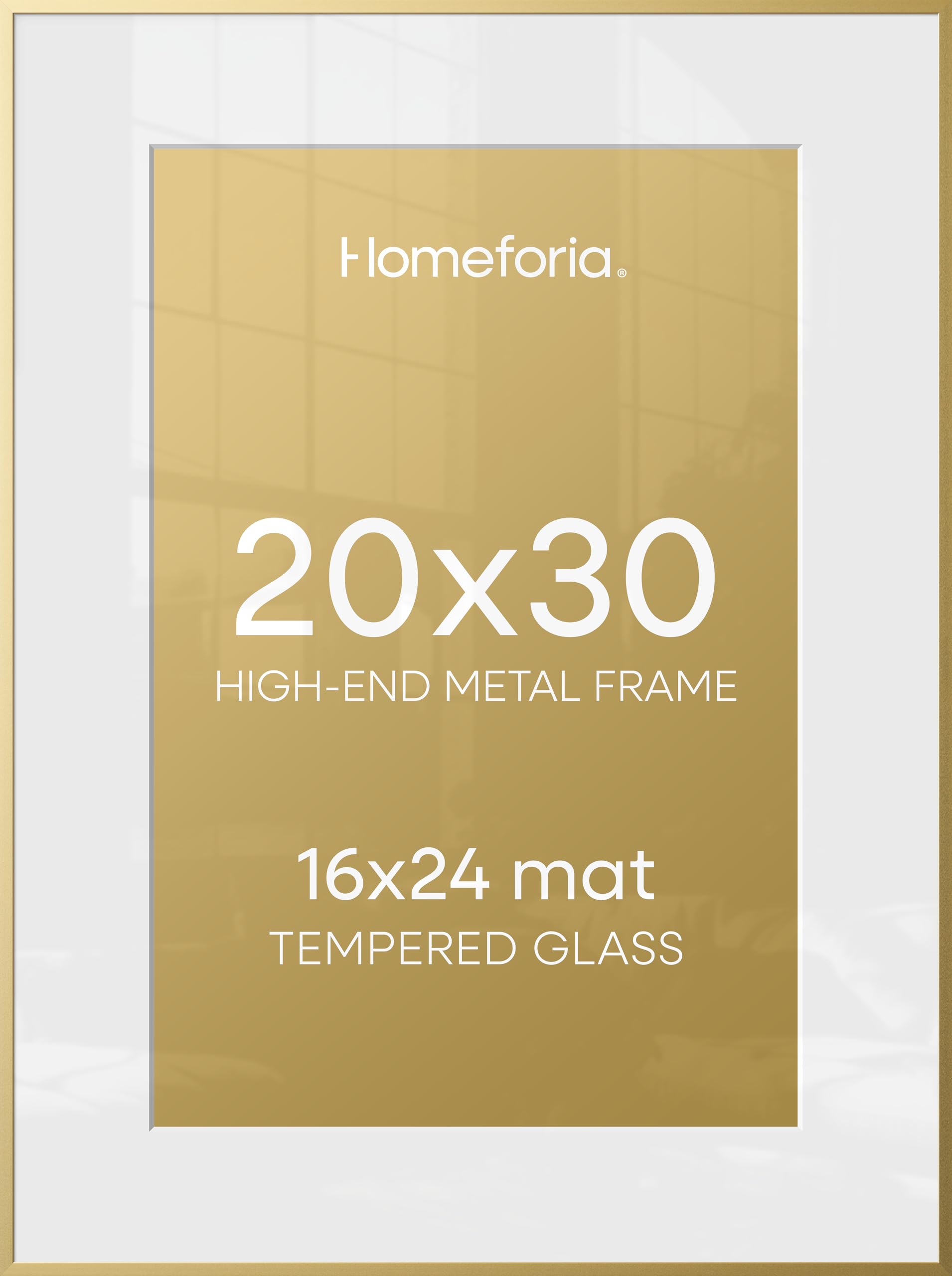 Homeforia 20x30 Poster Frame Gold, High End Metal 20 x 30 Picture Frames with Mat 16 by 24 Photo, 20x30 Gold Frame Matted to 16x24 Print, 30x20 Large Hanging Frames, Tempered Glass, Wall Kit, Set of 1