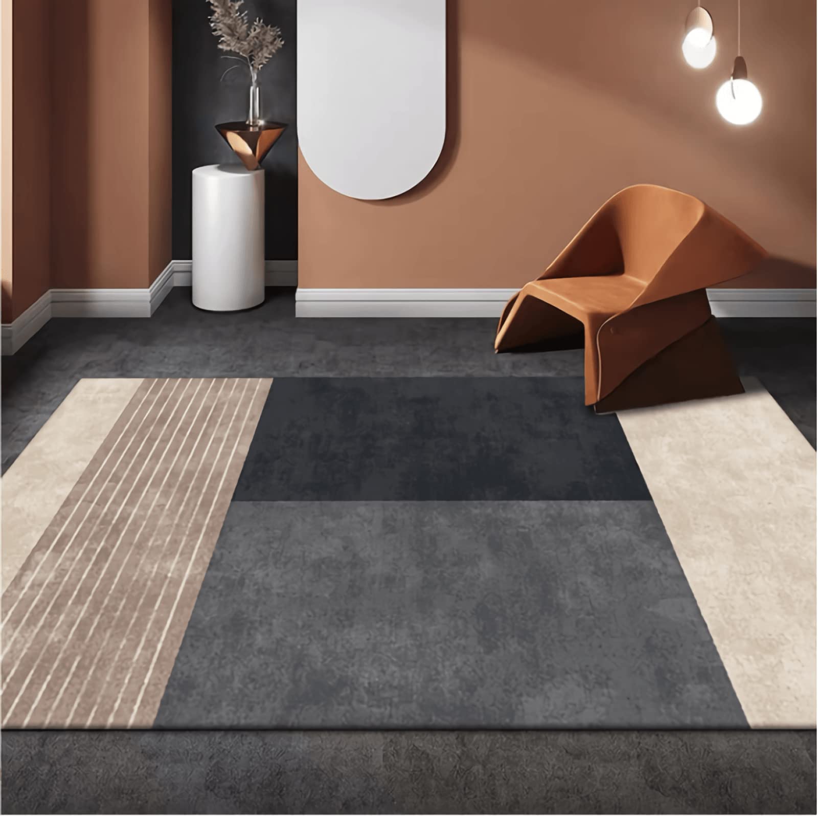 Tapis Tapis Enfant Fille Deco Chambre Enfant Conception de Rayures géométriques Marron Noir Gris Tapis Chambre ado Garcon 80x120cm