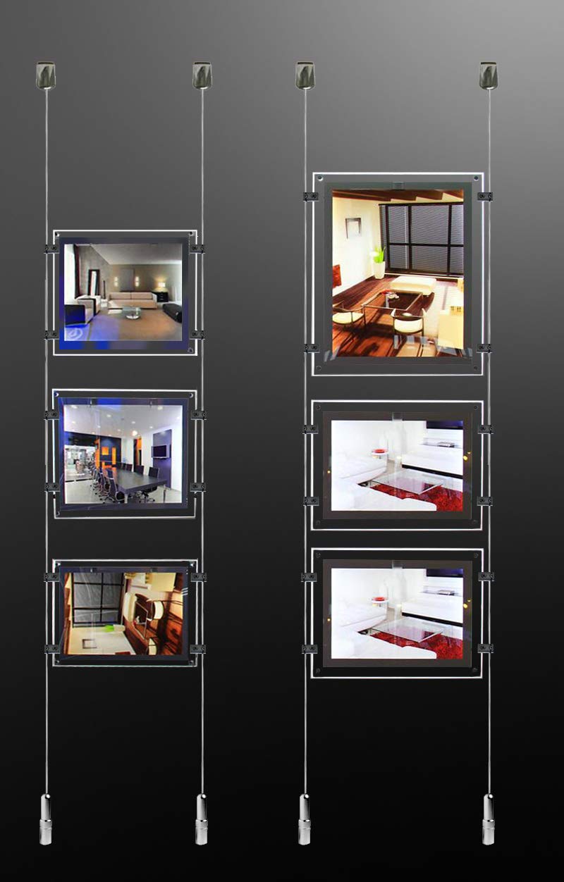 A4 Portrait LED Window Light Pocket Light Panel Estate Agent Cable Wire Steel Rope kit Ceiling to Floor with Easy Access LED Pocket Cable Display System (1 A4 Portrait LED Pocket Kit)