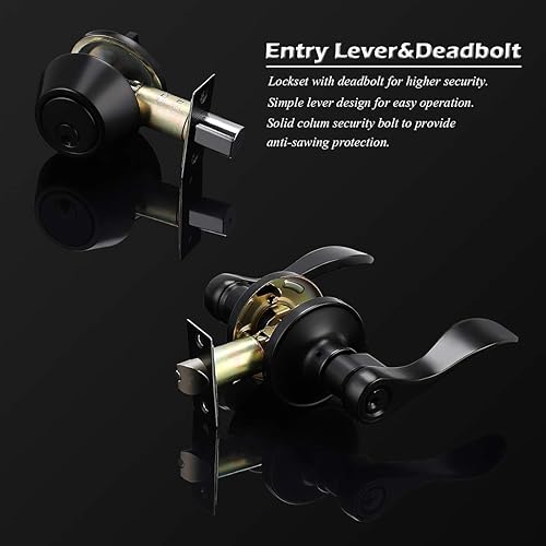 Miniatura 4 de Gobrico Juego de 1 cerradura de palanca de puerta delanteraexterior con cerrojo de doble cilindro con llave igual, acabado negro