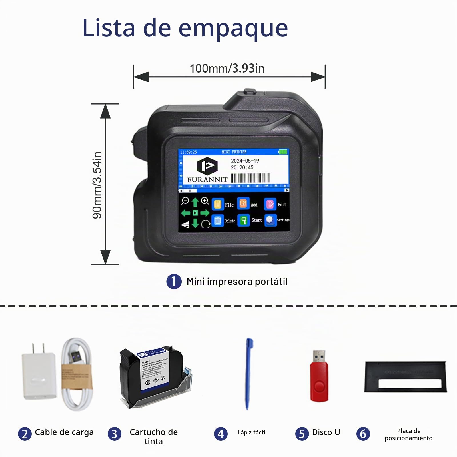 Mini Impresora de Inyección de Tinta E98, Portátil con Boquilla 12,7 mm y Pantalla táctil 2,8"
