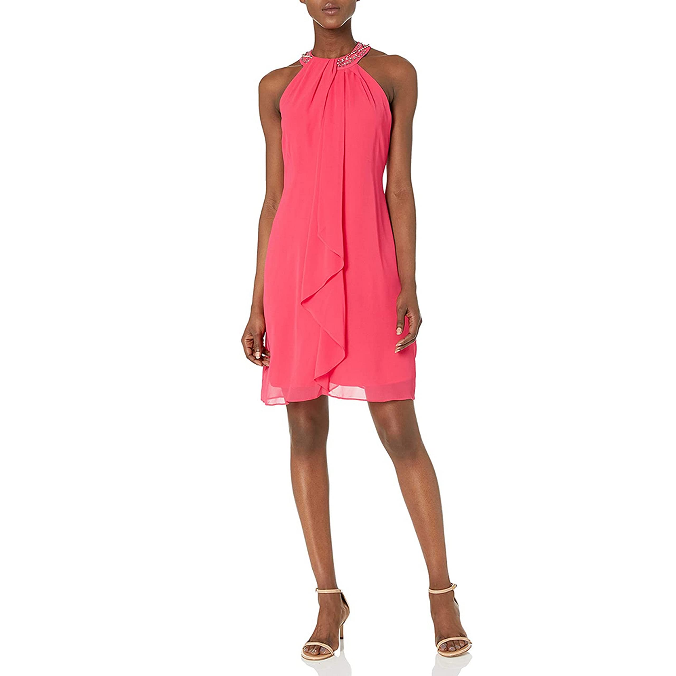 S.L. Fashions Women's Jewel Neck Halter Dress (Petite and Regular)