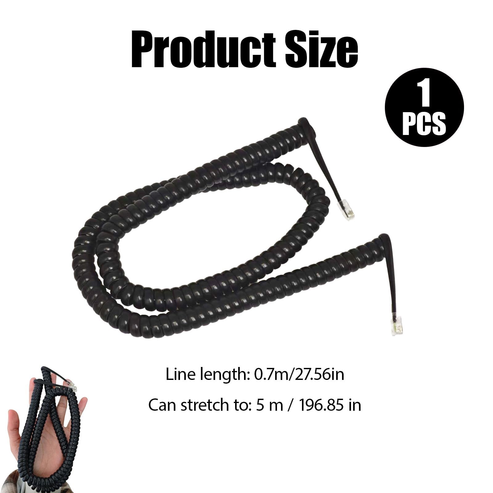5m RJ9 Câble Téléphonique Incurvé à Ressort en Spirale, 4P4C Câble pour Combiné de Téléphone Fixe, pour Combiné Téléphonique Bureau et Maison, Cable Telephone Fixe Noir, Cordon Telephone Fixe