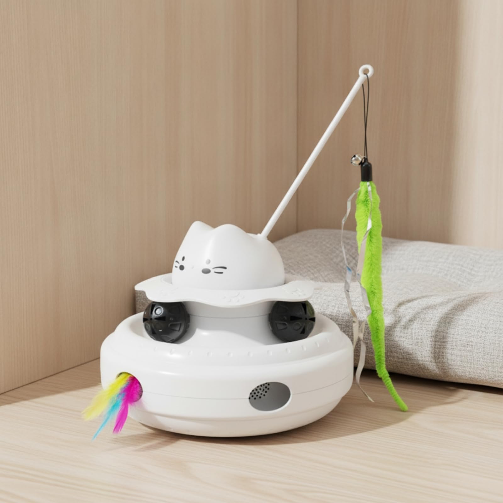 Dispositivo Interactivo para Gatos Juguete Eléctrico Plumas Que Incentivan Varilla Giratoria Continua Recargable de Larga Autonomía Base Estable, Azul