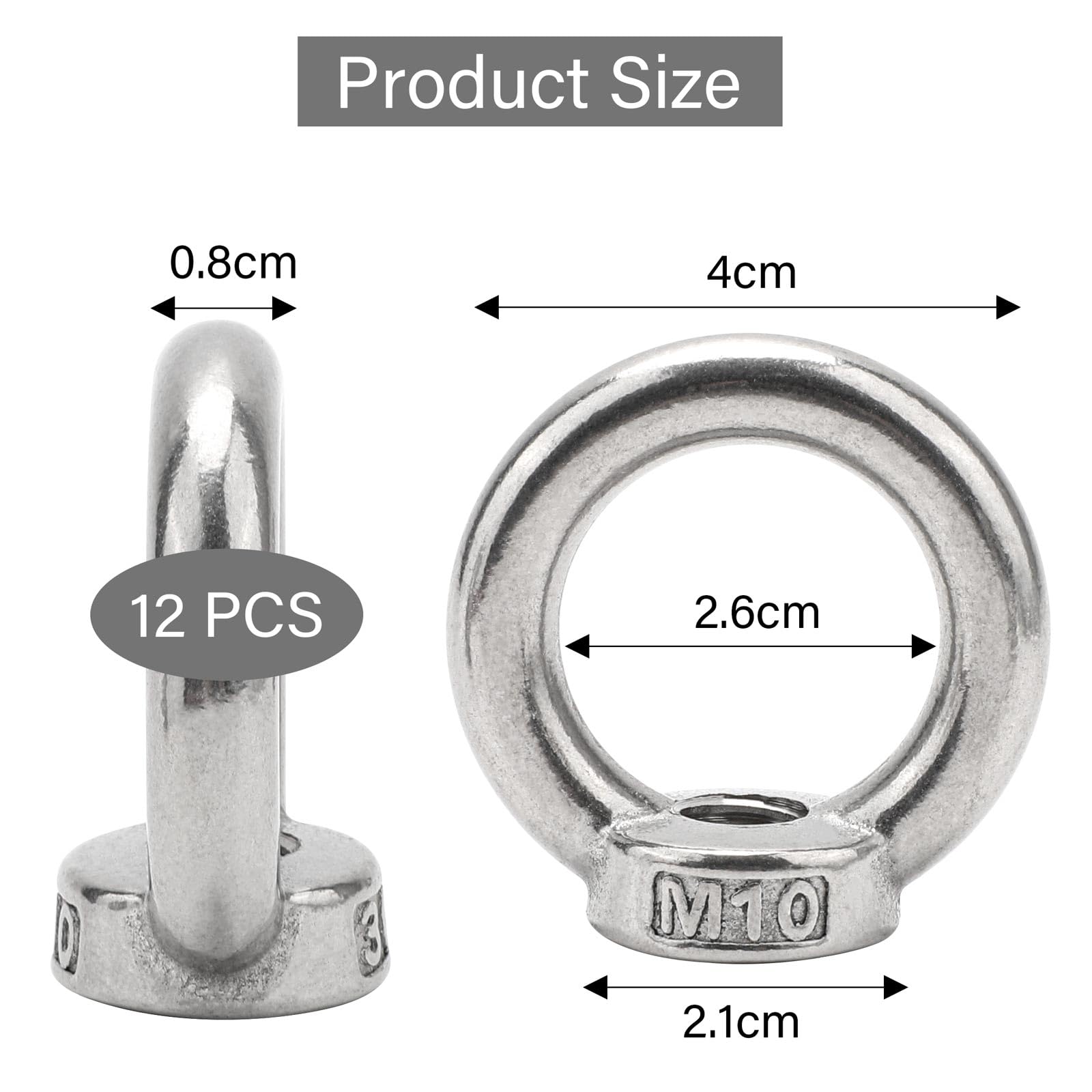 BREANIFULL Pack of 12 Stainless Steel M10 Ring Nut Eye Bolts Eye Nuts Stainless Steel Hanger Bolts M10 Stainless Steel Hardware Ring Eyelets for Rope Assembly Lifting Accessories - Image 2
