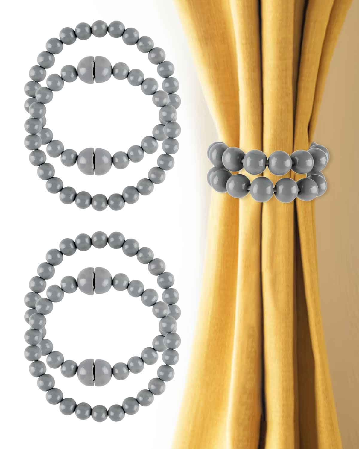 Boho Curtain Tiebacks Magnetic Beaded 4 Pack - Strong Magnets,Light Grey