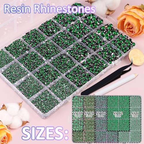 Image of 30000Pcs Resin Rhinestones with Tweezers for Crafting, Emerald Green Flatback Gems, Bedazzling Crystal with 3Pcs 10ml B7000 Jewelry Glue for DIY Crafts Clothing Tumblers Shoes Fabric Nail Art