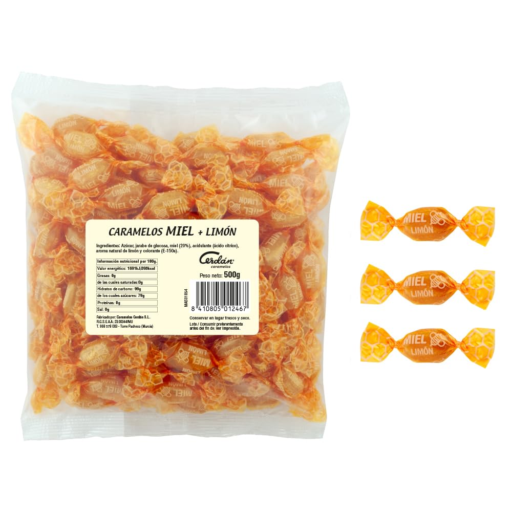 Caramelos Cerdán Caramelo Duro con Miel Pura y Limón Bolsa 150 Unidades Sin Gluten Medio Kilo