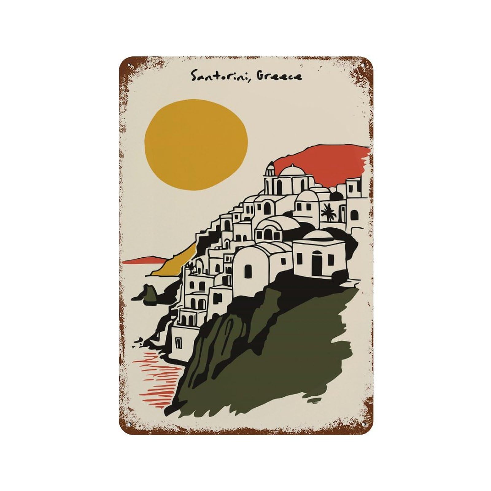 Santorini, Greece Illustration 11.8"x7.9" Weathered Tin Sign, Shabby Chic Decor for Cafe, Home Bar And Lounge Decor