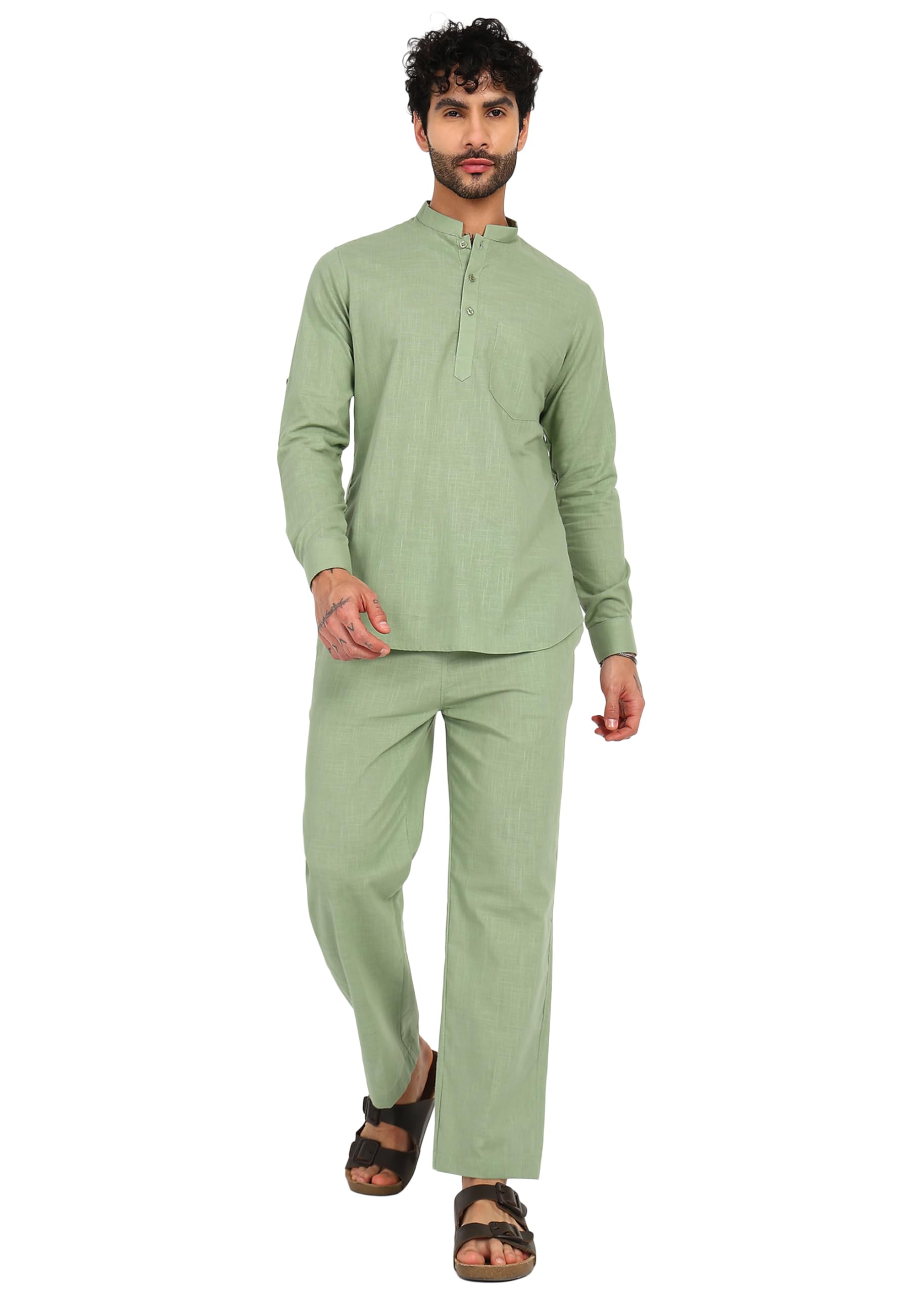 The Souled Store Men Solid Ethnic Kurta Pyjama Co-Ord Set | Premium Cotton Linen Blend | Regular Fit Traditional Outfit for Festive Wedding Casual Occasions in neutral
