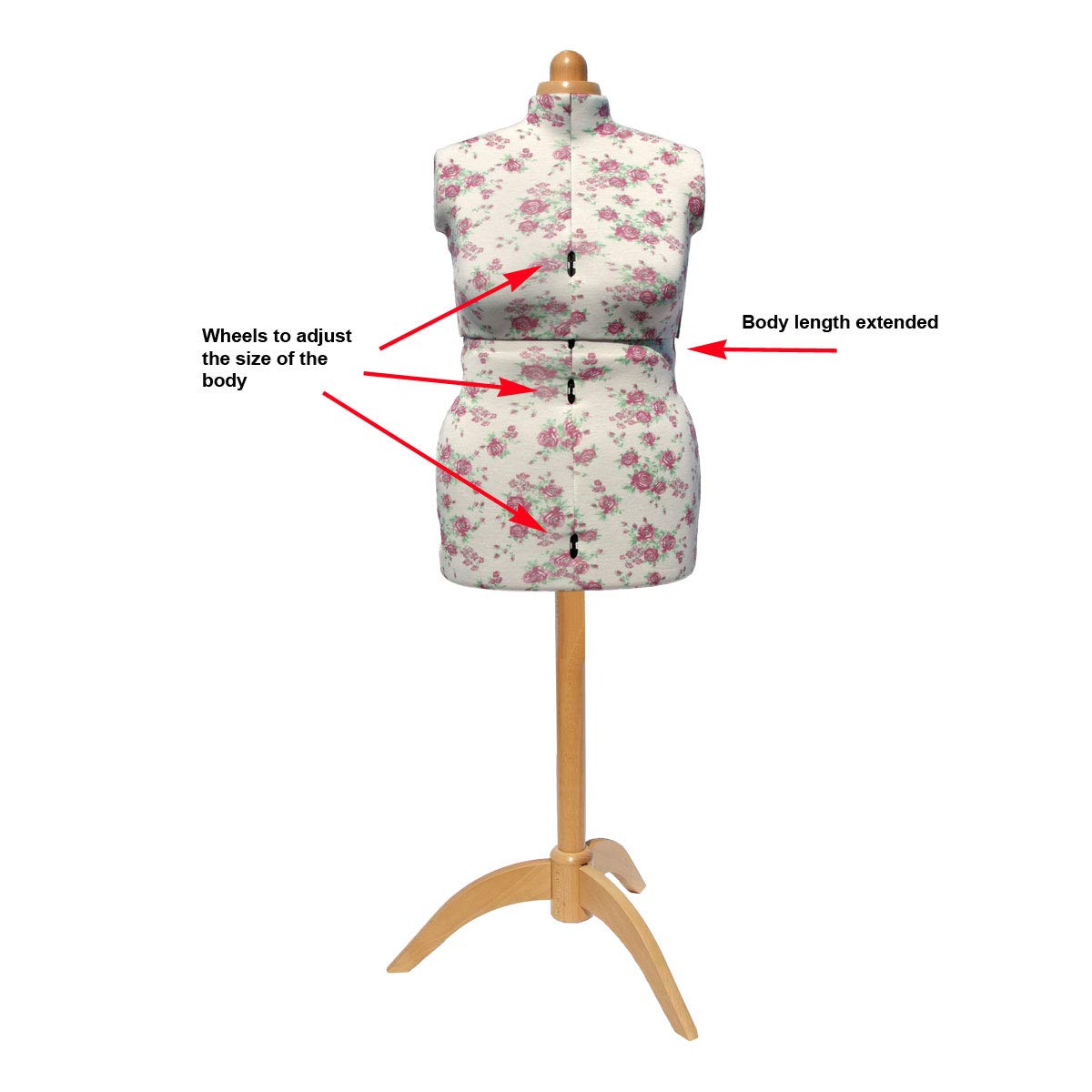 Maniqui Costura Ajustable Cogollos de Rosa con Soporte de Madera | Grande (L) [Talla EUR 48 a 50] | Forma de vestido de 8 partes con soporte de madera natural de 3 patas