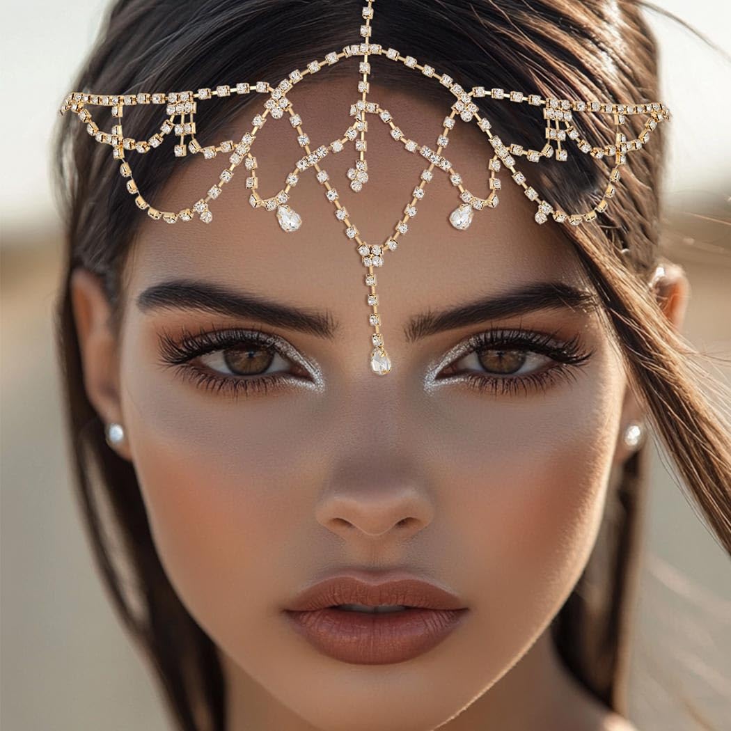 Rhinestone Pave Draped Chain Head Chain Rhinestone Chain Head Dress, Metal Head Chain, Gold Hair  main image 2