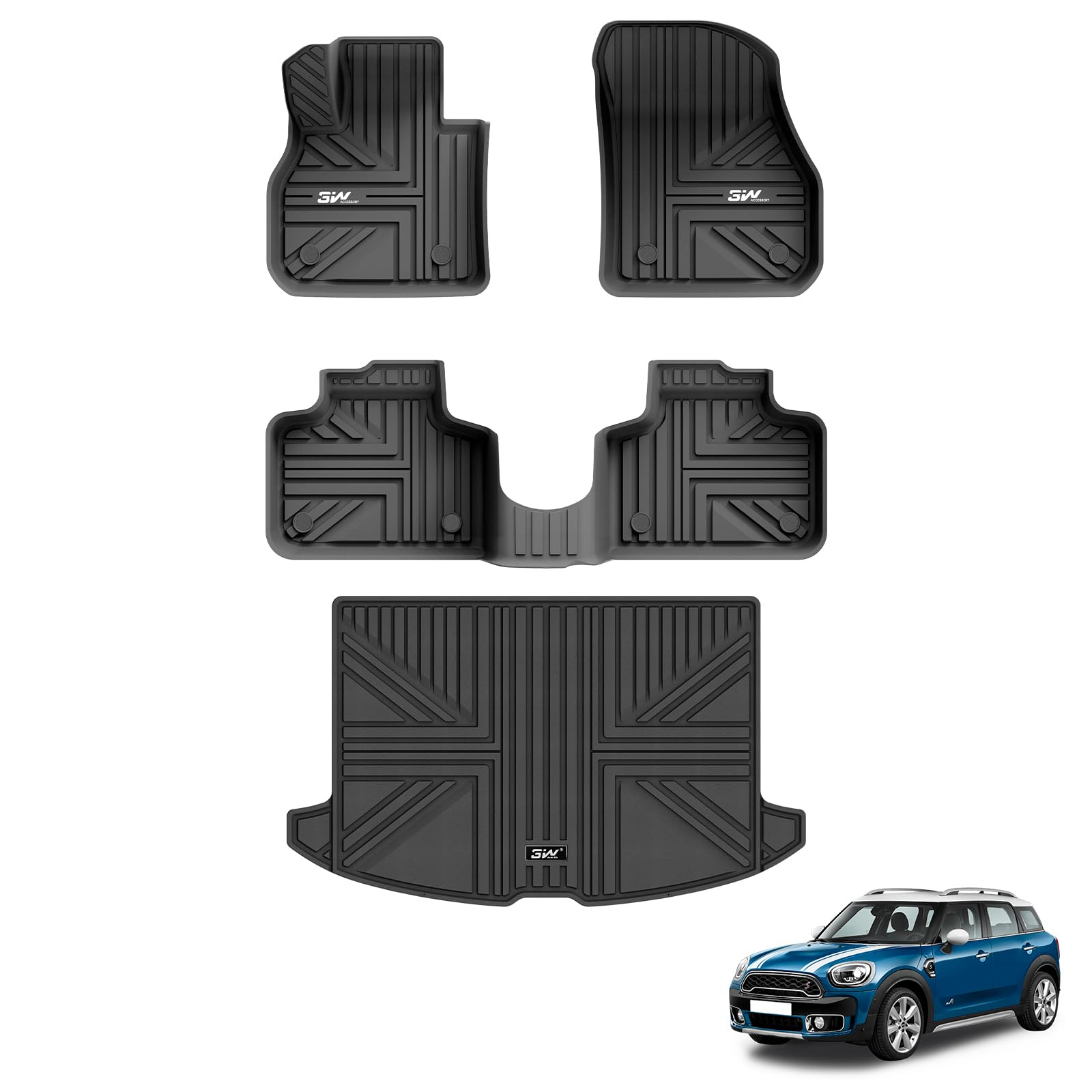 3W Alfombrillas de Coche y Maletero para Mini Countryman F60 2017-2024, TPE Alfombrillas para Todo Tipo de Clima para Mini Countryman la 1ª y 2ª Fila Juego Completo, Admite Perros, Accesorios, Negro