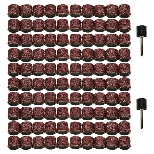 Image of TMAX 100 pc 3 /8 Inch Sand Drum Grit 60 Coarse with 2 pc 1 /8 Inch Mandrel for Dremel Rotary Tools