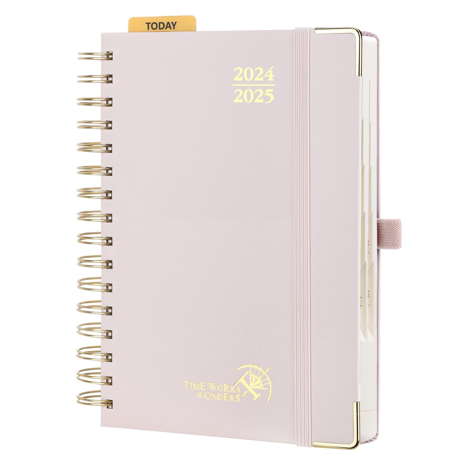 POPRUN Agenda 2024 2025 Dia Por Pagina 21,5 x 14,5 cm, Espiral Agenda Diaria 12 Meses de Ago.2024 - Jul.2025, Tapa Dura, Regla de Plásticol, 80 GSM Papel Certificado FSC®, Rosa Claro