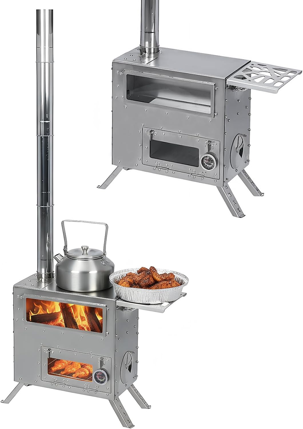 Generic Portable Wood Stove w/Oven Stainless Wood Burning Stove with Chimney Pipe for Outdoor Heating & Cooking Ice Fishing