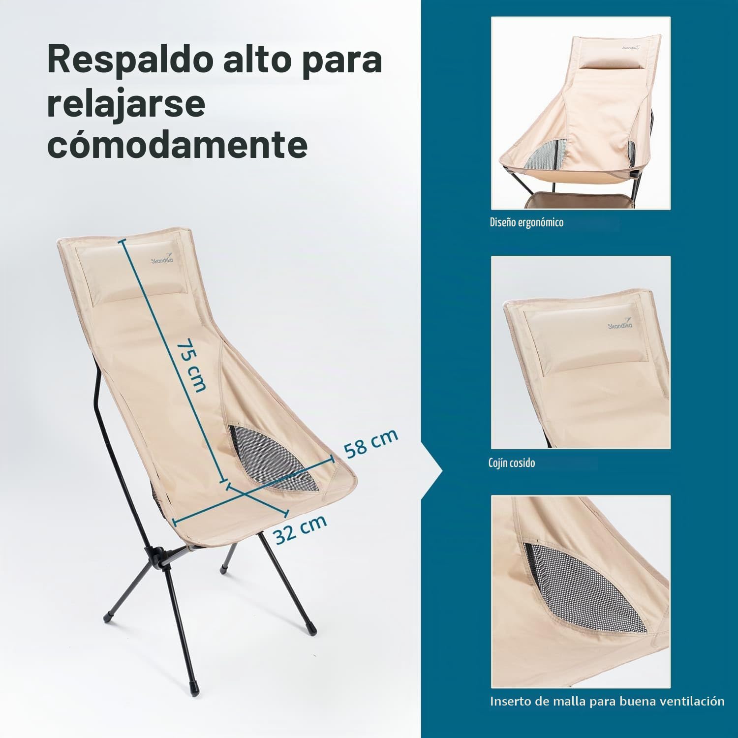 skandika Silla de Camping Solig - Silla Plegable | hasta 120 kg - Estructura de Acero, Respaldo Acolchado - Inserciones de Malla (Beige)