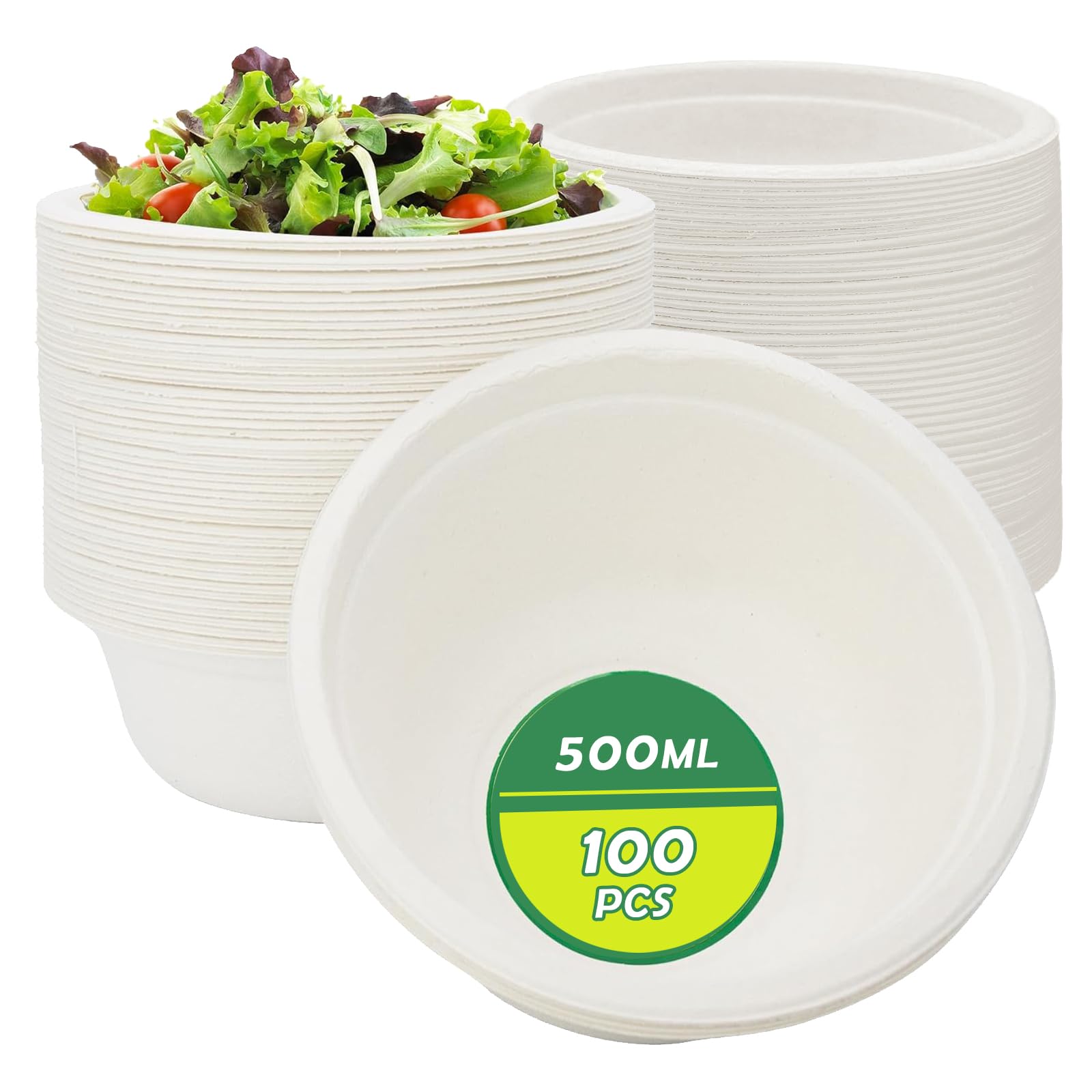 100 Pièce Bols à Soupe en Canne à Sucre, Blanc Bols Rigides en Bagasse, Bols en Carton, 500ml, Convient pour la Restauration, les Fêtes, les Food Trucks ou l'Utilisation à Domicile