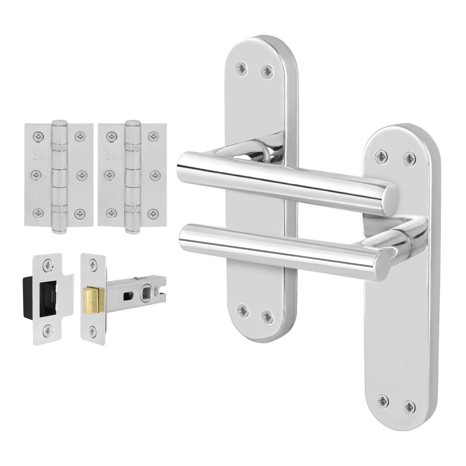 Eai Polished Chrome Chrome Door Handle Latch Set, 1 Pair Internal T-Bar Handles, Hinges (76Mm) Latches (64Mm) - Oliena