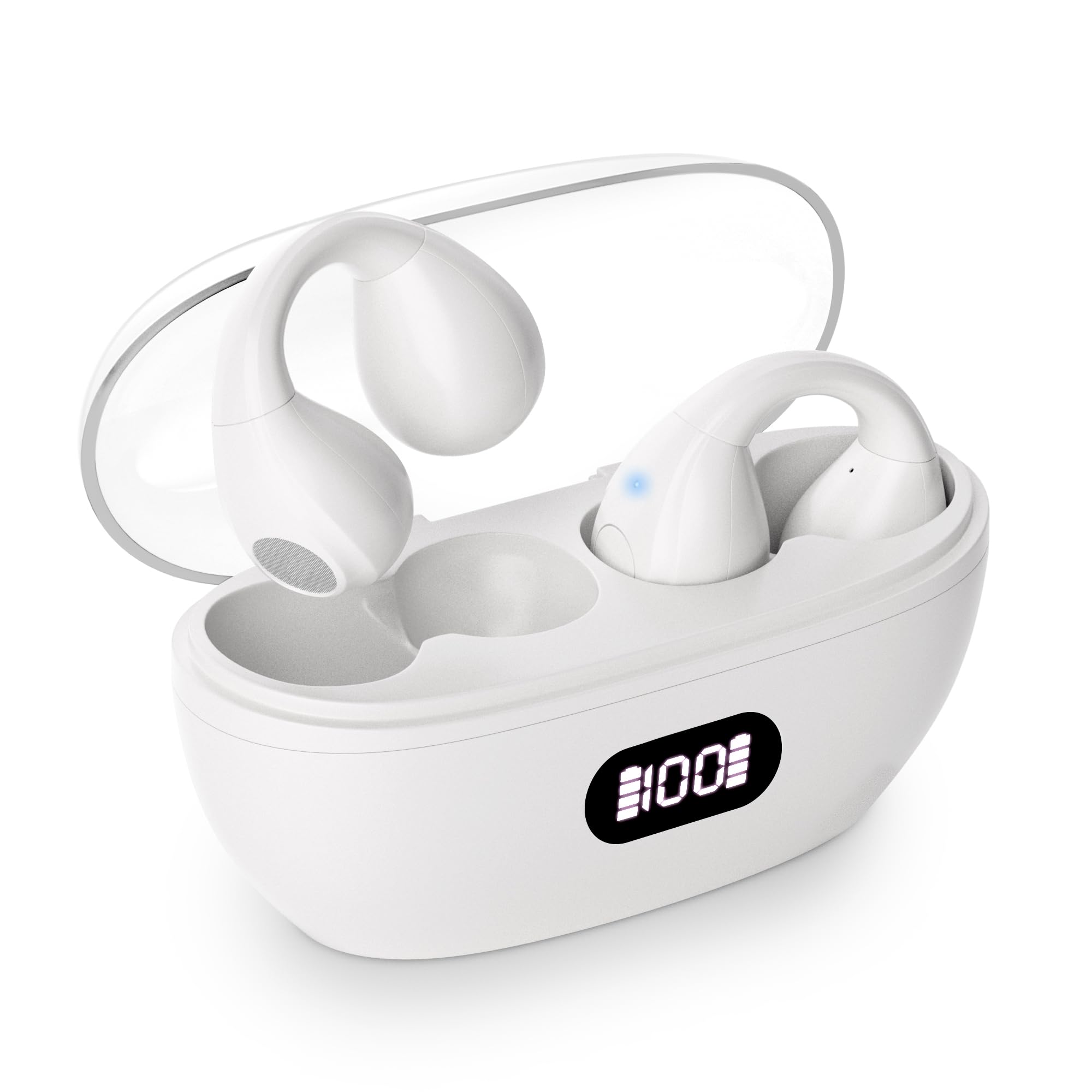 Wireless Earbuds Bone Conduction Headphones Open Ear Earbuds Wireless Bluetooth 5.3 with LED Power Display Deep Bass Clip On Earbuds for Studying Workout, and Driving Earbuds for iPhone/Samsung White