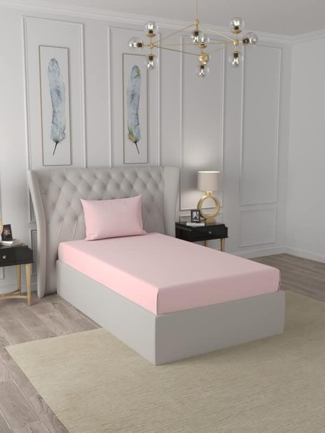 Raymond Home Single Fitted sheet set Super Soft 210 TC Satin Pure Cotton (90x190+30, 50x75) Fitted sheet & 2 PillowCases| Light Pink