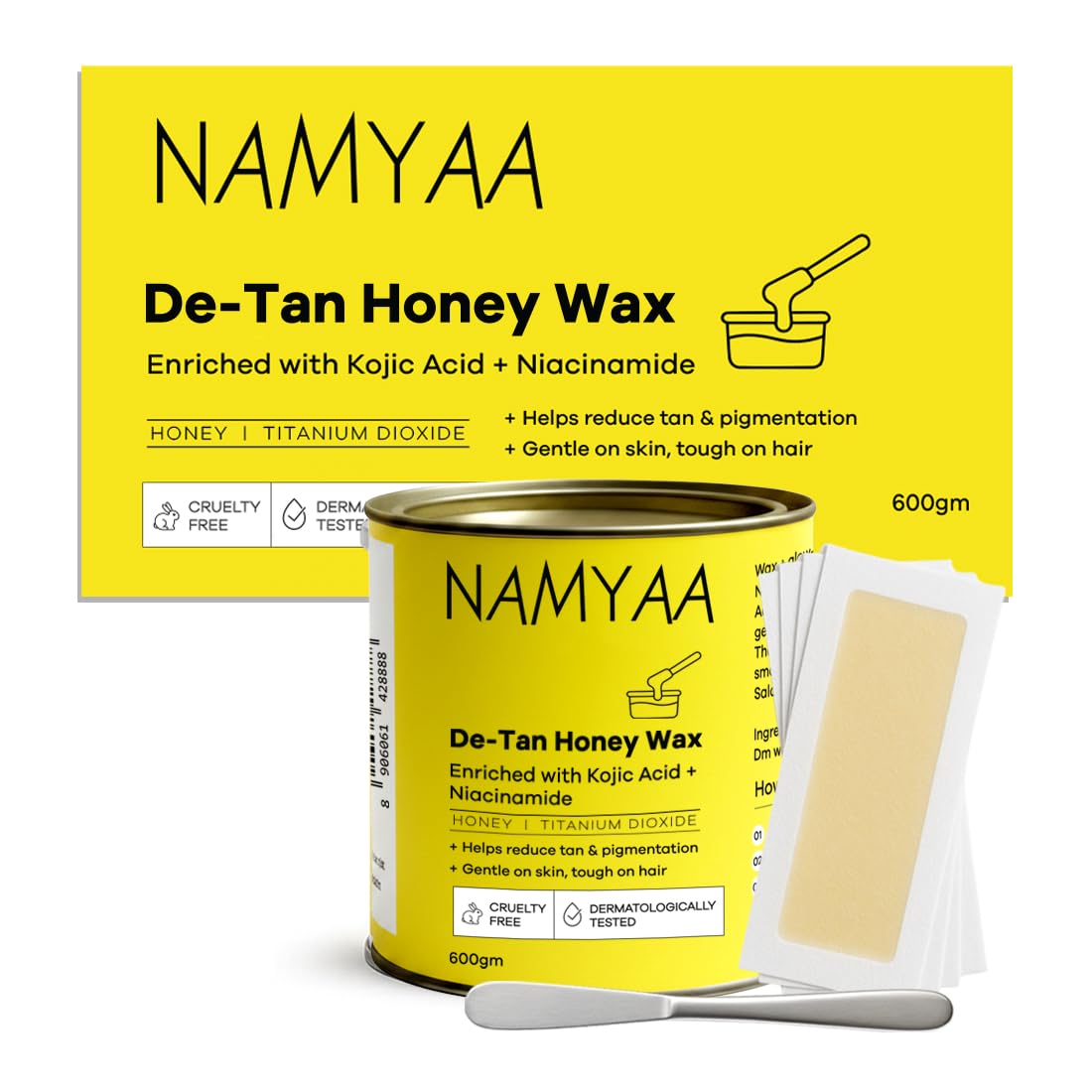 Namyaa De-Tan Honey Wax 600g with Knife & Strips | Brightening Tan Removal Wax for Legs, Arms, Underarms & Body | Honey Based-image-6