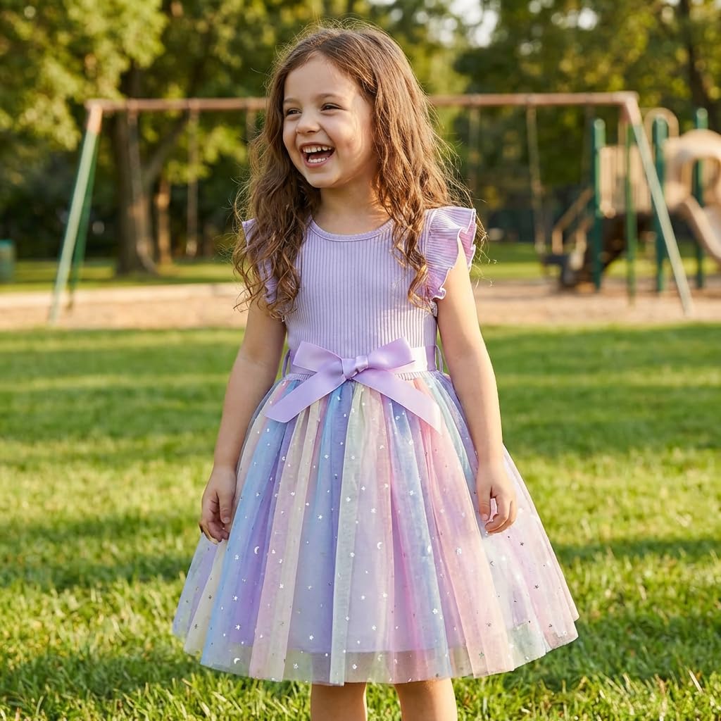 JiAmy Robes en Tulle côtelé pour Filles - Robe de Printemps à Paillettes - Manches Volantes - Arc-en-Ciel - pour Enfants de 1 à 6 Ans