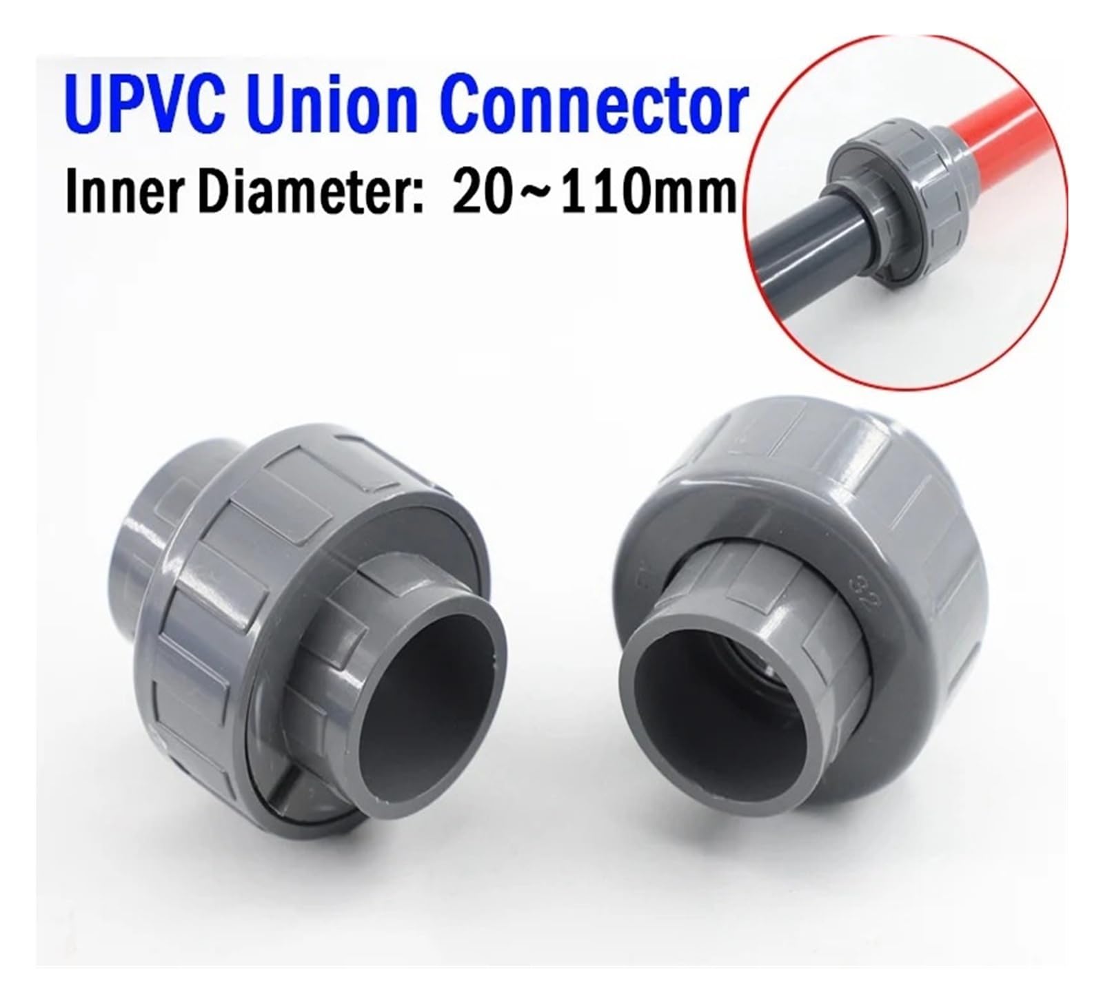 ID 20~110mm Grigio PVC Tubo Union Connettore Tubo di plastica Giunto Raccordi for irrigazione da giardino Acquario Acqua1 pz(I.D 32mm,5pcs)