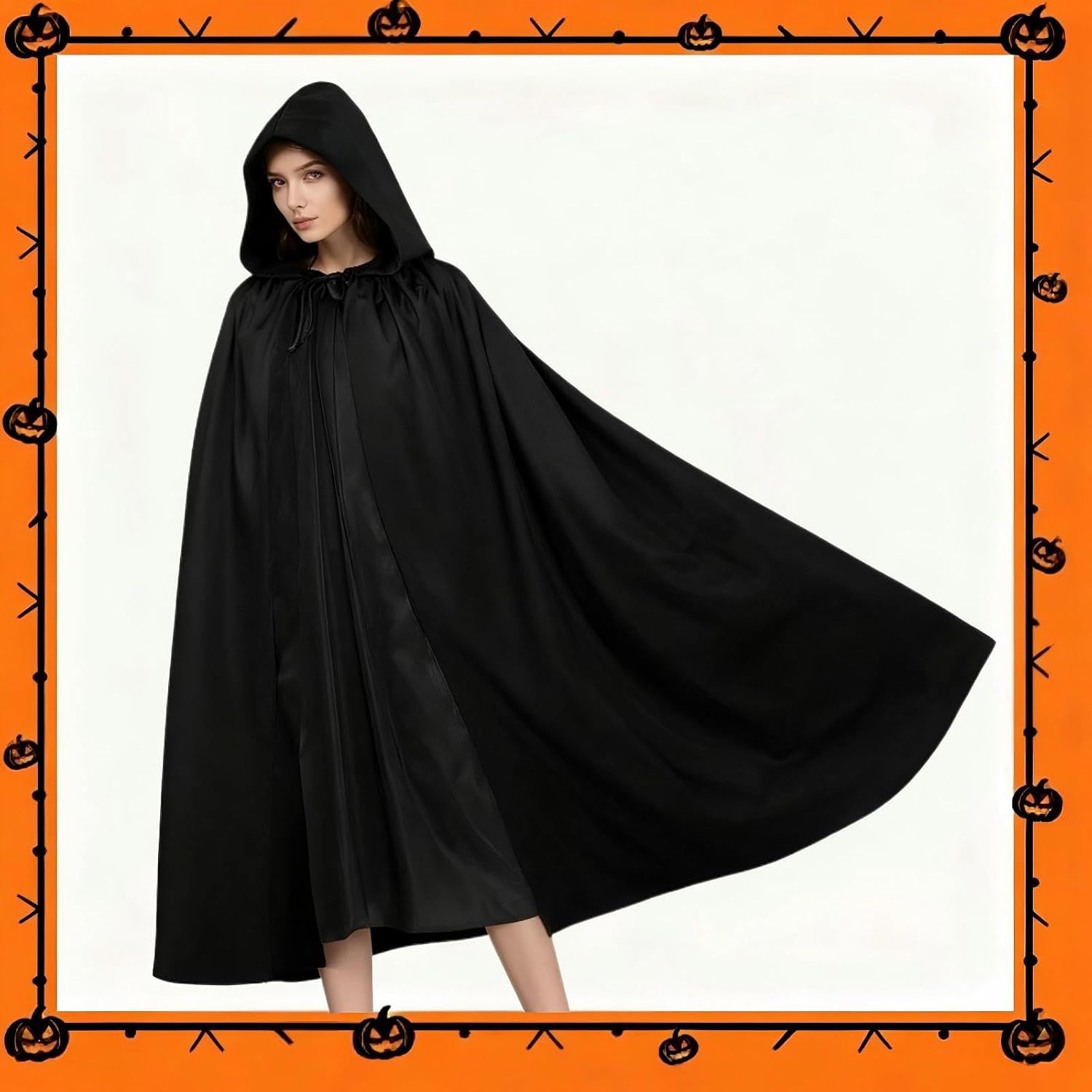 55Inch Black Hooded Cape Long Robe Cloak, Halloween Black Wizard Witch Vampire Accessories for Adults Halloween Cosplay Party Costume - Image 5
