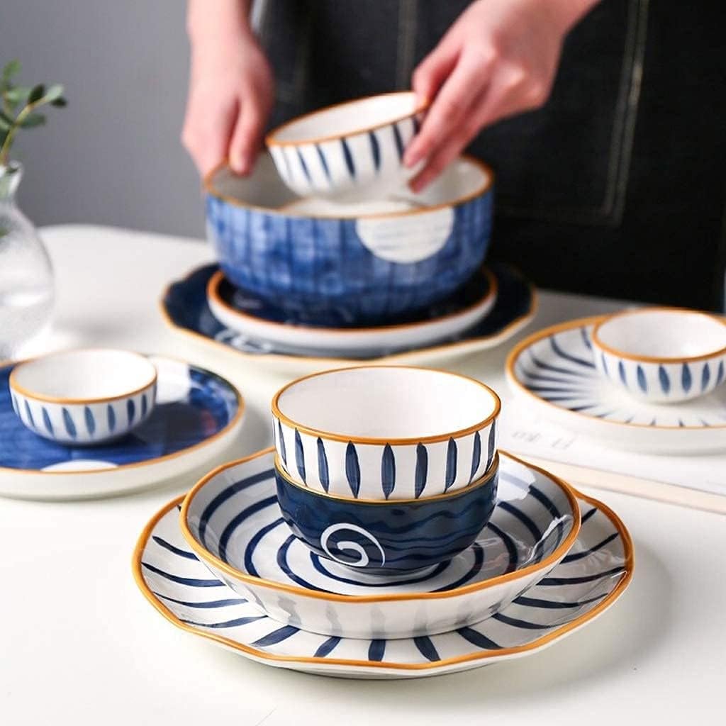 Juego de vajilla de Porcelana de 28 Piezas, Estilo japonés, de cerámica | Juego de vajilla con Plato y Cuenco para Restaurante, Color Azul, Blanco y Azul.,Blue