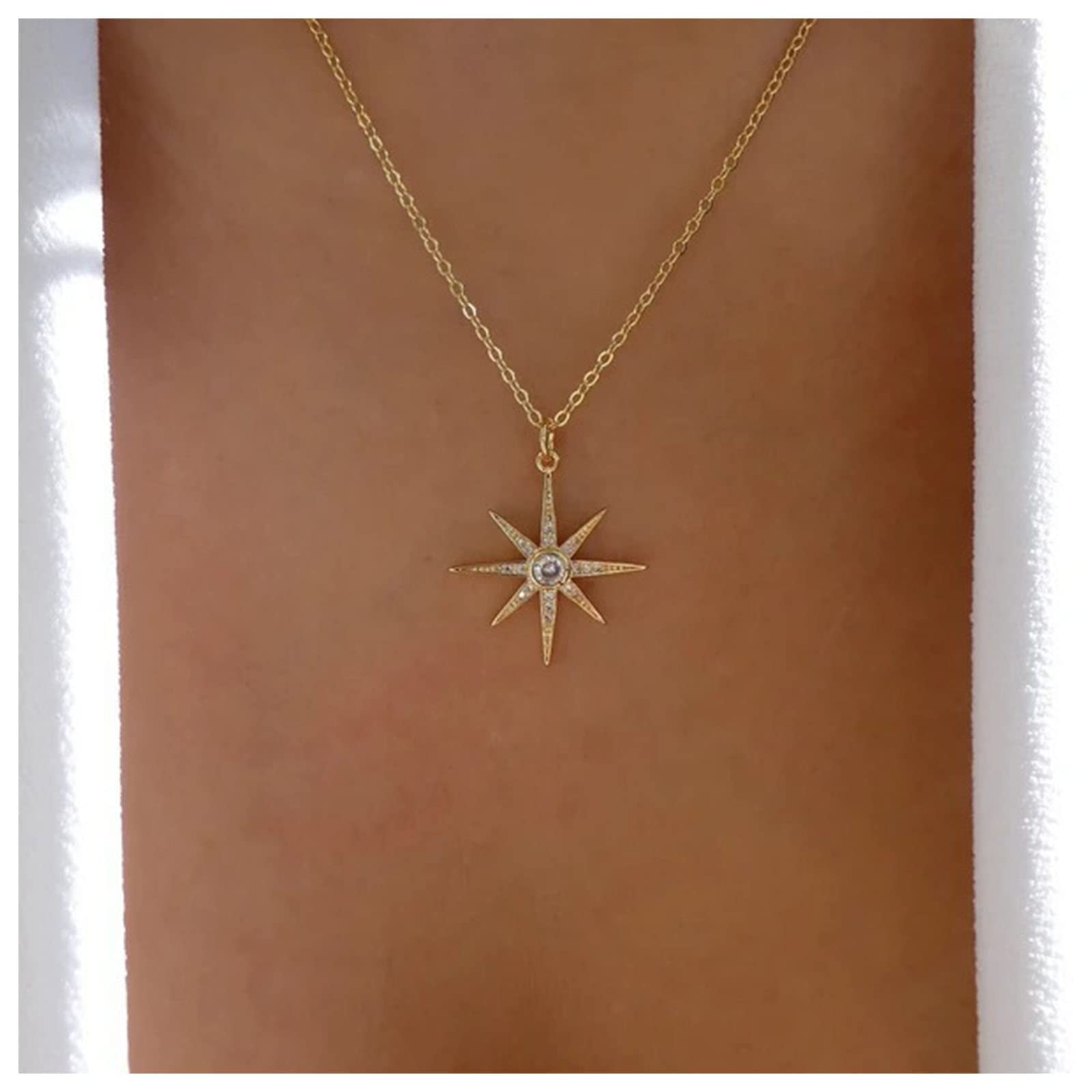 Yheakne boho Diamante de imitación North Star Colgante Collar Oro Cz Sunburst Gargantilla Collar Cubic Sun Collar Celestial Collar Cadena Joyería para Mujeres y Niñas