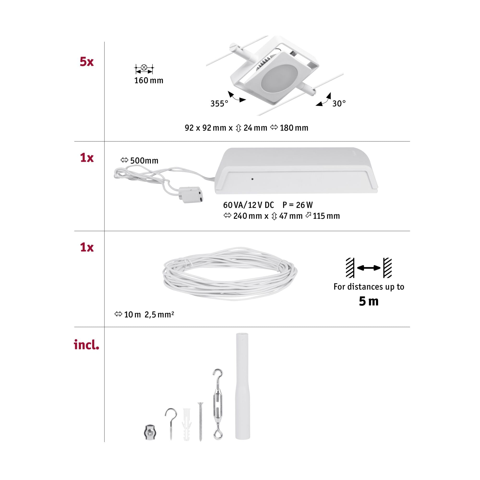 Paulmann 94422 Sistema de cables LED CorDuo set MacLED DC incl. 5x4,5 W ampliable blanco, cromo, cable metal 3000 K