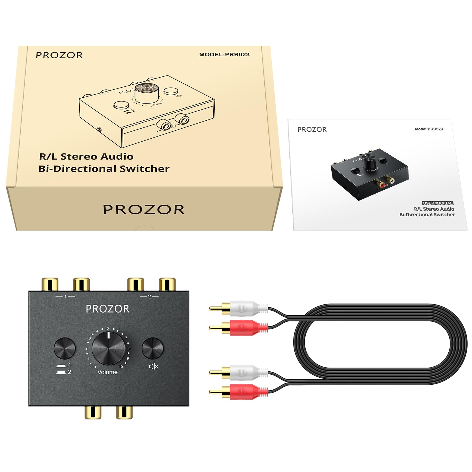 PROZOR Stereo Audio Switch 1 in 2 out / 2 in 1 out Bidirezionale con 1.5m Cavo RCA Tasto Muto