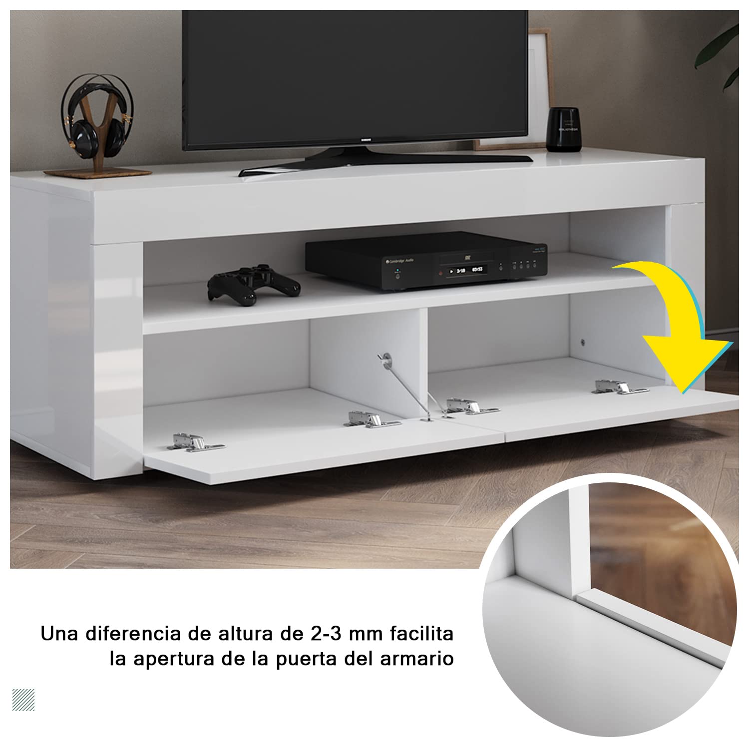 SONNI Mueble TV con Luces Regulables de 12 Colores,Mueble de Salón con LED y Estante de Cristal (Blanco, 120x40x45cm)