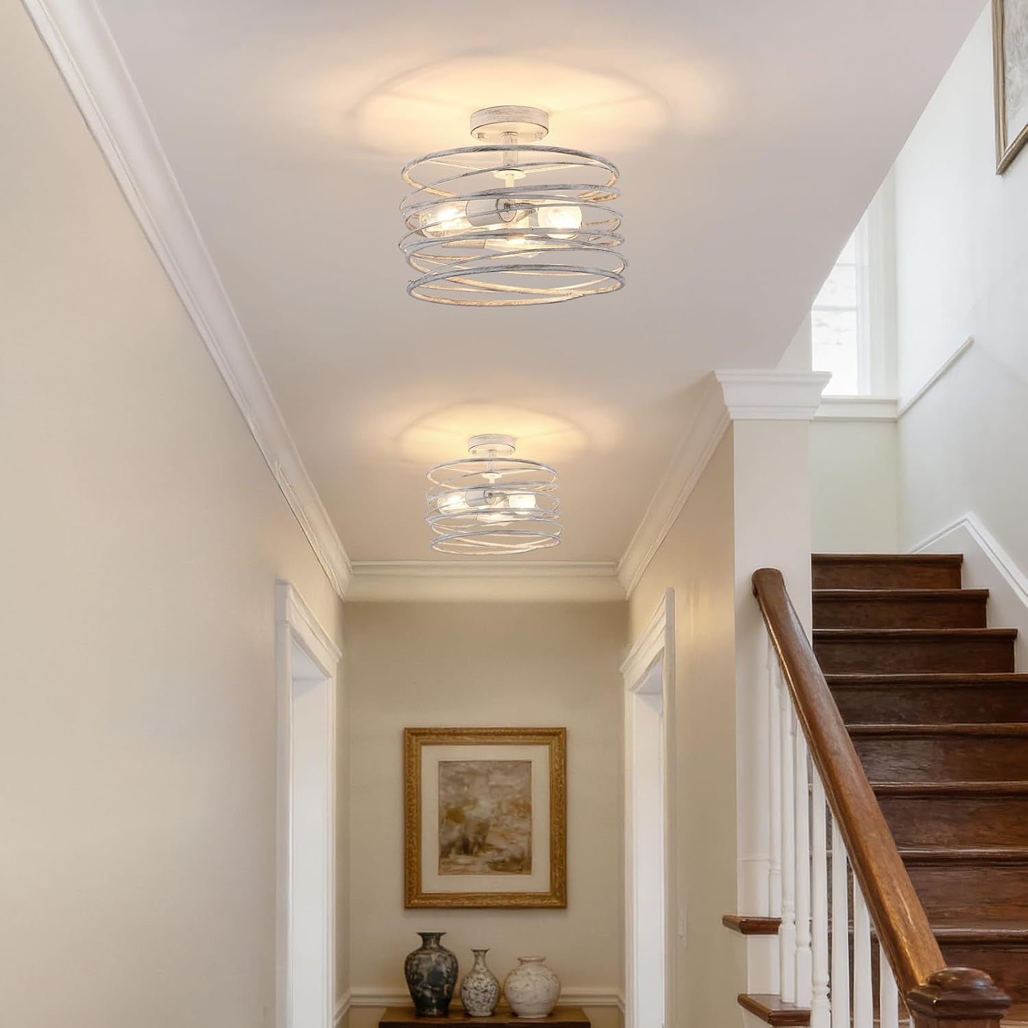 White 3-Light Rustic Drum Semi Flush Ceiling Light Fixture, Retro Farmhouse Chandeliers Metal Cage for Dining Room, Industrial Pendant Light Fixture for Entryway Kitchen Foyer Bedroom