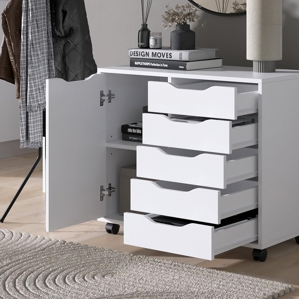 Vicco Aparador Otwin, Blanco, 40.6 x 61.5 cm | con 5 cajones y 1 puerta, para guardar ropa y artículos del hogar
