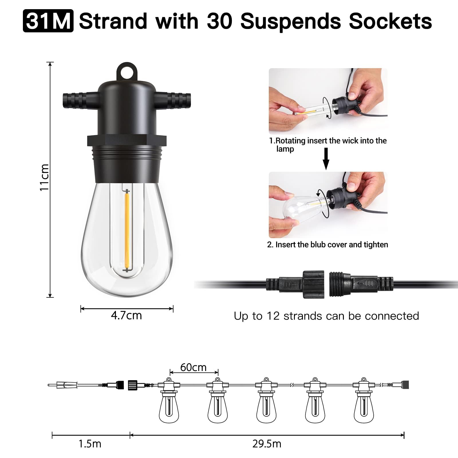 GlobaLink 31M Lichterkette außen, IP65 Wasserdicht Bruchsicher Lichterkette Glühbirnen Erweiterbar mit 30 +2 S14 LED Glühbirnen, Outdoor Lichterkette für Garten Party Balkon Hof Dekoration, Warmweiß