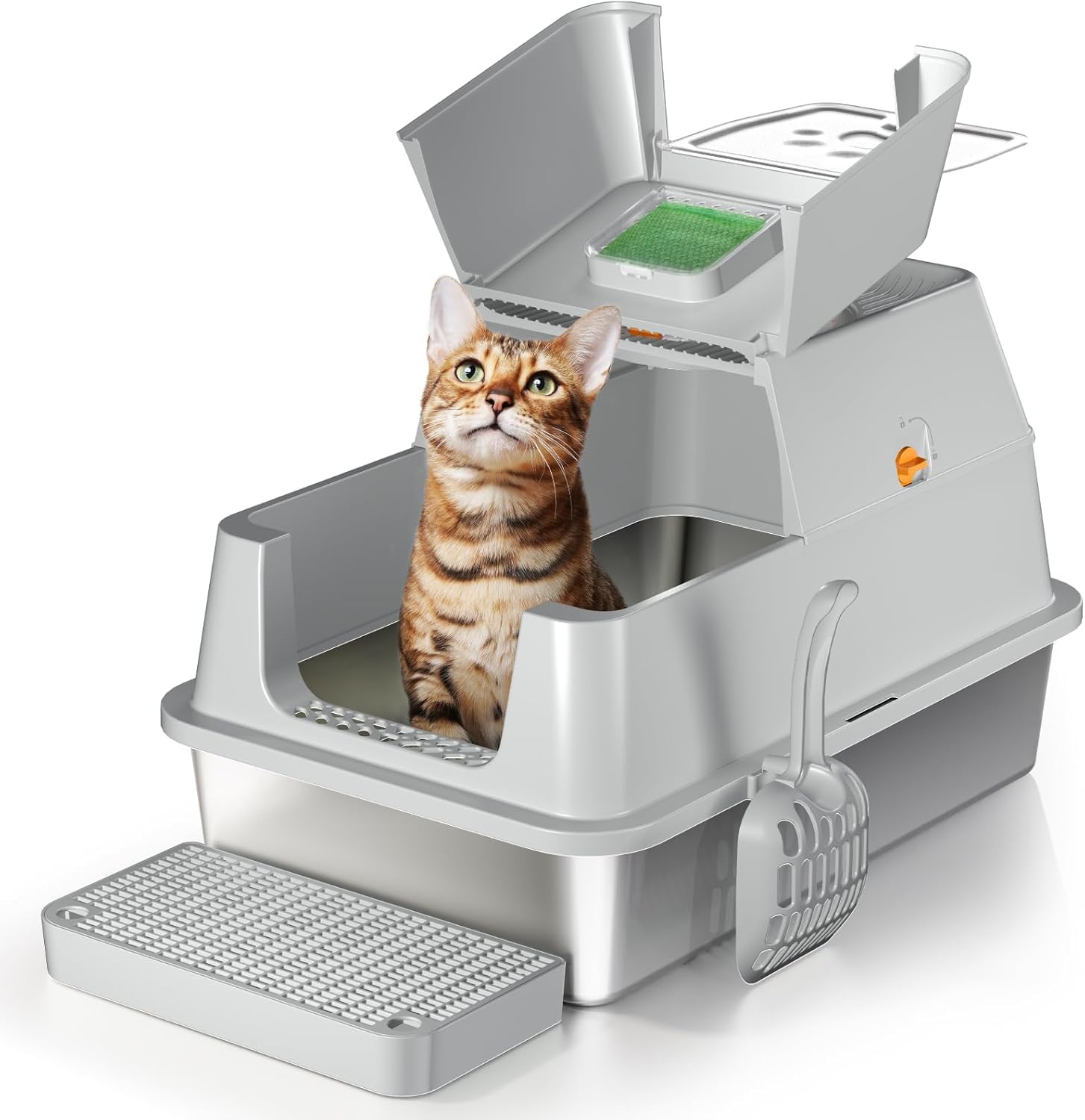 Lettiera per Gatti in Acciaio Inox, paletta lettiera gatto,Lettiera Gatto Chiusa XXL, Contenitori per lettiere con Pala, Doppio Strato Opaco Toilette per Gatti, Cassette igieniche per gatti - Grigio