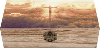 Christian Cross Jesus Wooden Box Storage Container with Lid Jewelry Organizer Gifts for Keepsakes Crafts