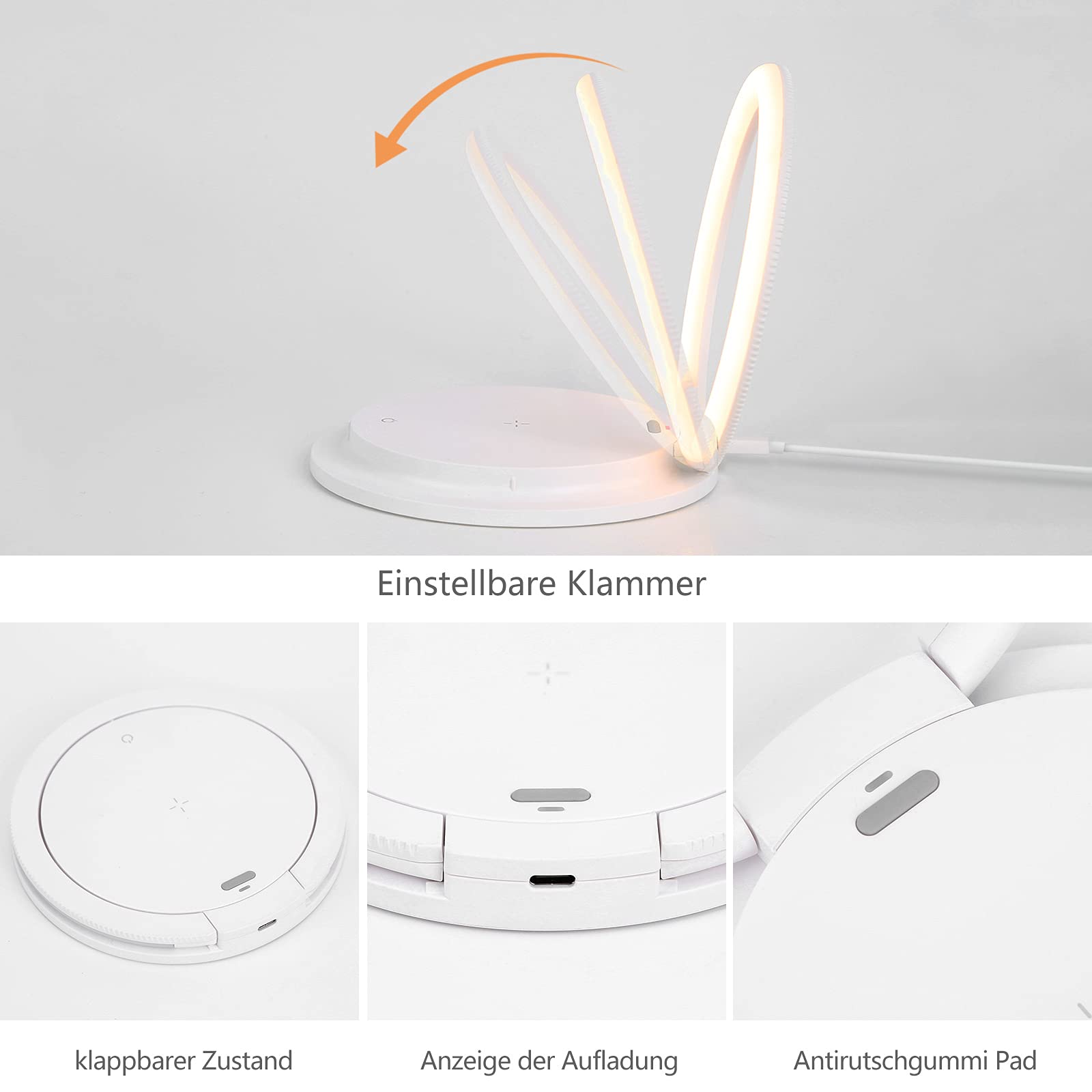 HTU Lampada da comodino a LED Touch dimmerabile con caricatore senza fili, moderna lampada da scrivania con 3 livelli di luminosità per bambini, luce notturna con supporto USB per cellulare