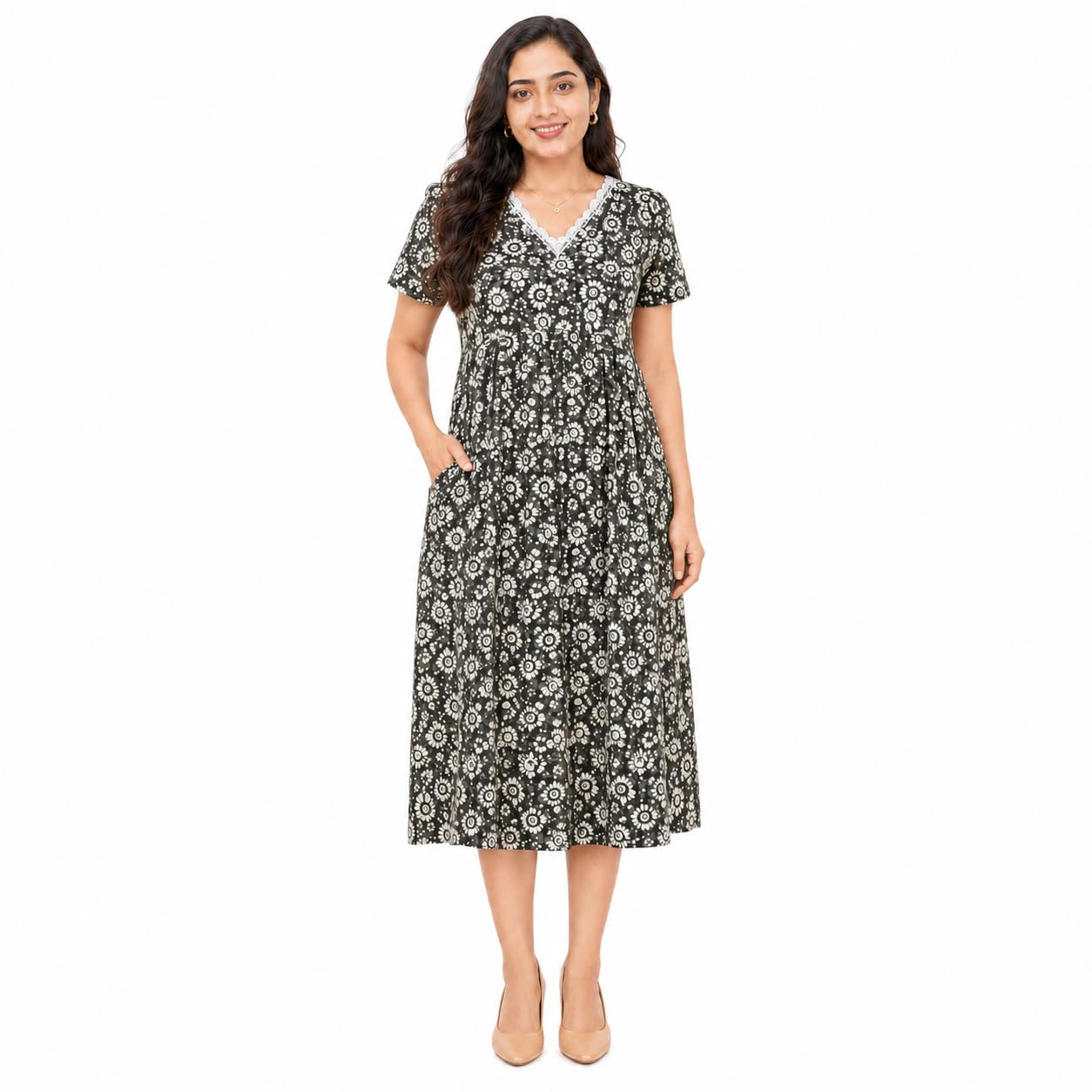 Women’s Cotton Floral Printed Maternity Feeding Frock Nighty with V-Neck, Dual Invisible Feeding Zips, Short Flutter Sleeves and Pocket-image-10
