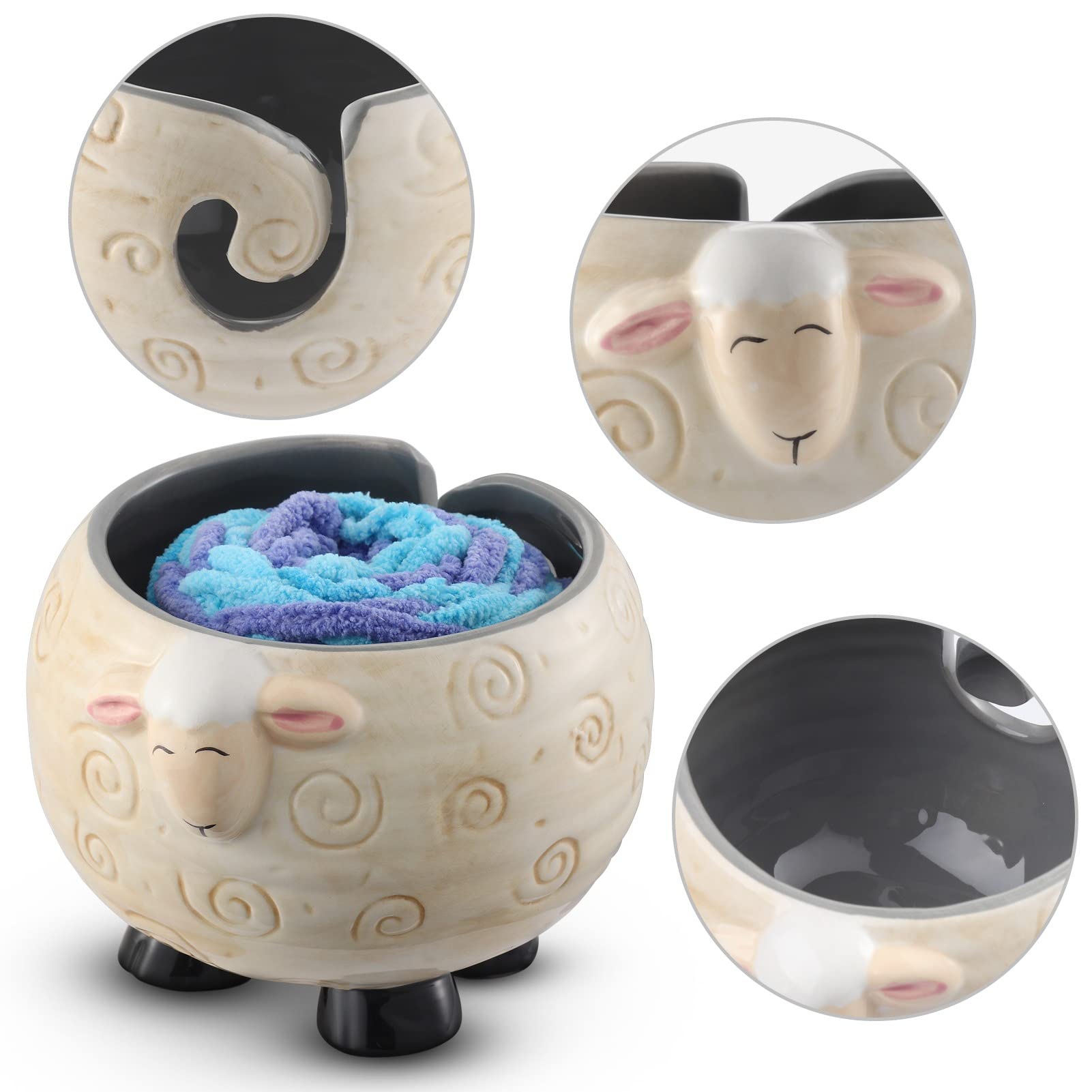 Wyleaves Sheep Ceramic Yarn Bowl Knitting Yarn Ball Holder Handmade Craft Knitting Bowl Storage Crocheting Accessories and Supplies Organizer, Ceramic Yarn Bowl, Panda/Sheep