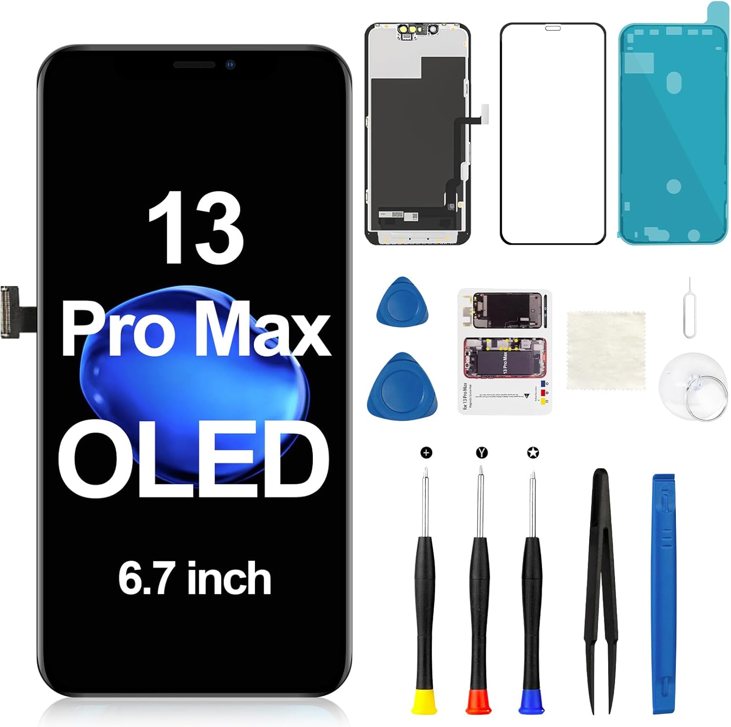 OLED for iPhone 13 Pro Max Screen Replacement Kit OLED Display 3D Touch Frame Digitizer A2641 A2643 A2484 A2644 A2645 Full Assembly Repair Tool Black 6.7 inch
