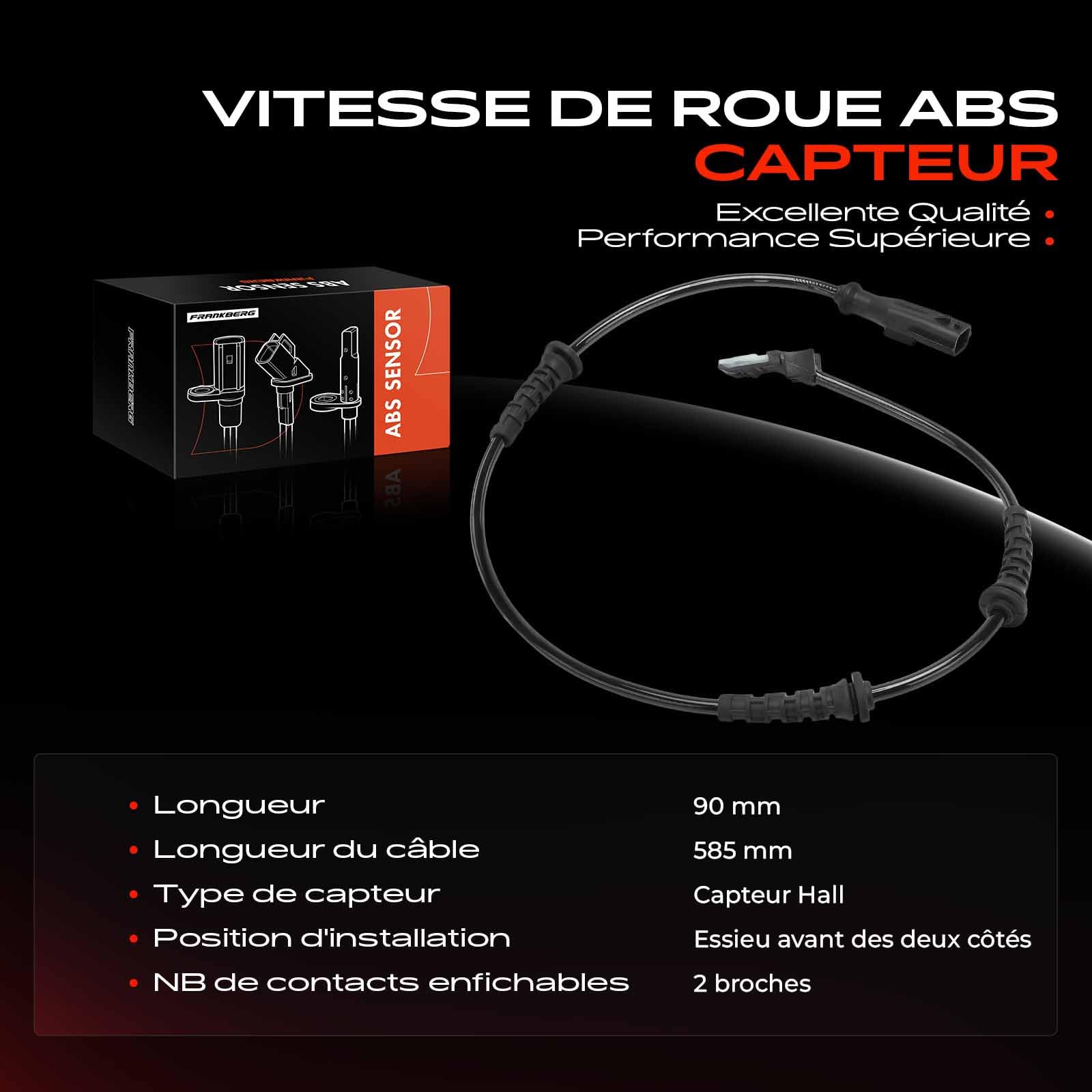 Frankberg Capteur de vitesse de roue ABS 2 broches pour essieu avant | Compatible avec Logan MCV KS_, Logan Pick-up US, S.a.n.d.e.r.o/Stepway I BS, Logan MCV KS, Clio III Grandtour KR0/1, Logan LS
