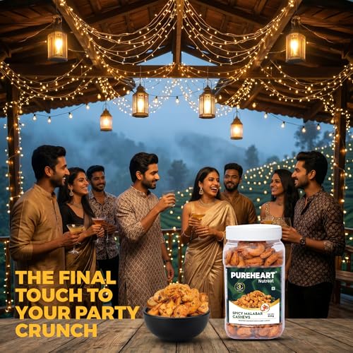 Image of Pureheart Spicy Malabar Cashews 333g | Roasted Masala Kaju with Curry Leaves | Premium Crunchy Flavored Cashew Nuts | Healthy Snack, Protein Rich Dry Fruits | Spicy Roasted Nuts Pack