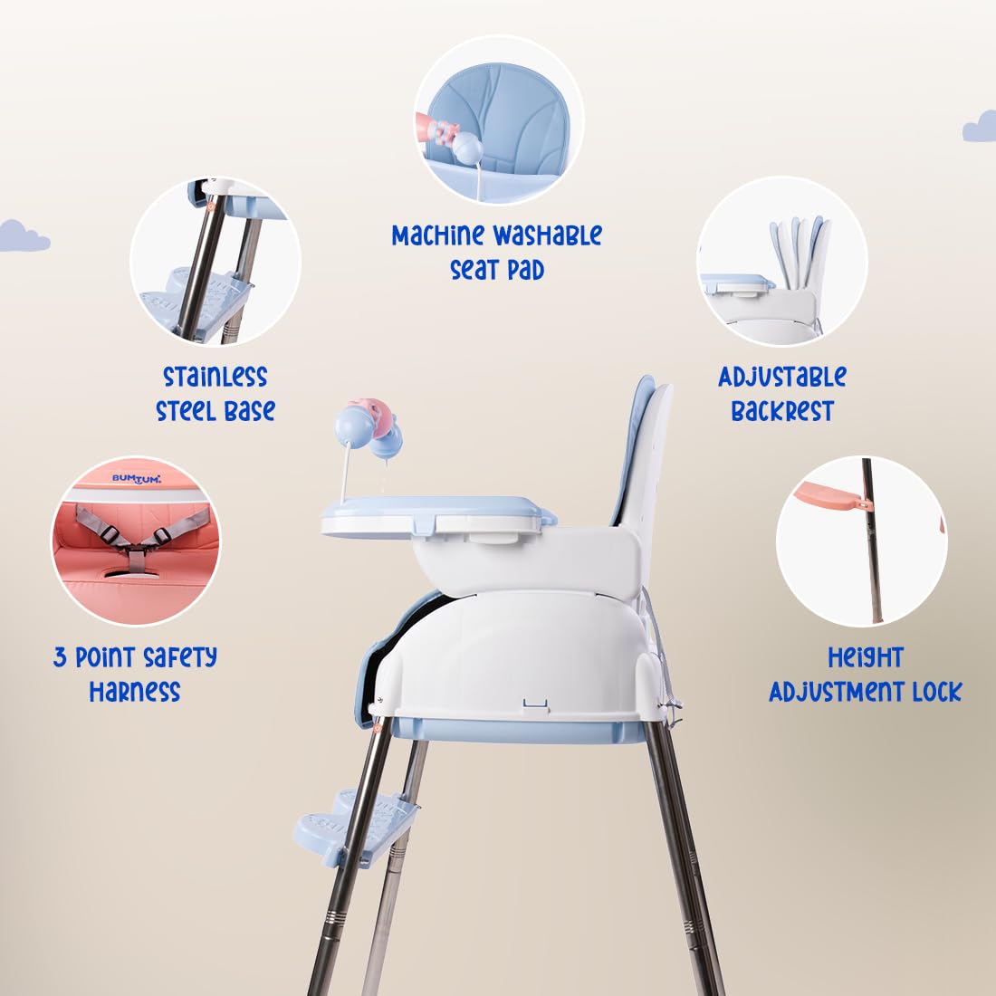 BUMTUM Baby Luxury High Chair 4 in 1 Convertible Folding with Footrest, Convertible to High Chair, Low Chair, & Feeding Seat with Cushion pad - Tan - Image 8 thumbnail