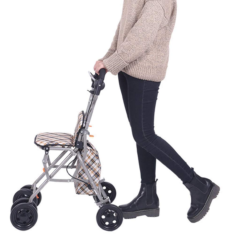 Carrello per la Spesa con deambulatore a Quattro Ruote, in Alluminio, Leggero e Pieghevole, con Sedile per deambulazione, con Schienale e Cestino per la Spesa.