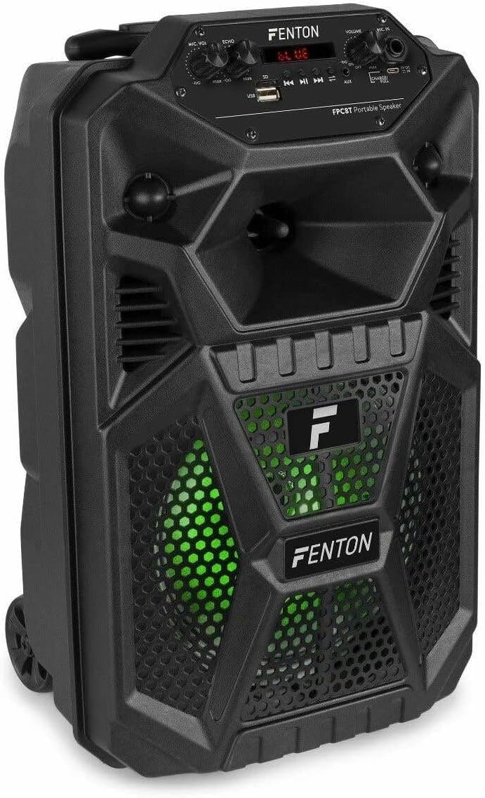 Fenton FPC8T – Altavoz Karaoke portátil 100W con batería Bluetooth 5.0 USB SD AUX micrófono Incluido Efectos Eco y Voz Luces LED Ruedas y asa telescópica Karaoke para Adultos y niños Fiestas