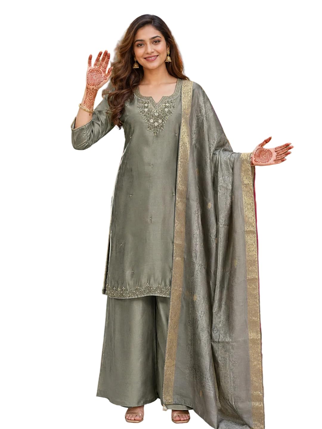berrylicious Women Hand & Embroidered Kurta with palazzo & banarasi Dupatta-picture-11